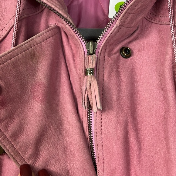 Maggie Lawrence pink leather zip/snap close fox fur trim bomber jacket Sz M PINK - Picture 9 of 13